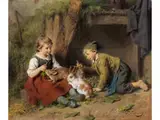Das Füttern der Hasen by Felix Schlesinger, oil on canvas, offered Sep 2024