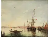 Anliegende Segelschiffe und Gondel im Hafen von Venedig by Félix Ziem, oil, sold Apr 2018