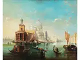 Ansicht von Venedig mit der Punta Della Dogana by Giovanni Grubacs, oil on panel, sold Sep 2025