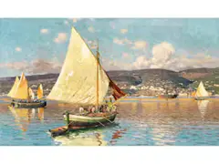 Segelboote vor Italienischer Hafeneinfahrt by Giuseppe Barison, oil on canvas, sold Sep 2019