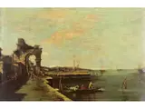 Lagunenküste mit Ruinencapriccio by Francesco Zanin, oil on panel, sold Jun 2025