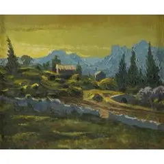 Provence cypress trees against the chaine des alpilles by Alan Cotton, oil on canvas, sold Dec 2025