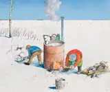 Making Laundry Water in Saskatchewan, Winter by William Kurelek, 1968, mixed media on board, sold Jun 2022