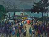 Santa Arrives by Molly Joan Lamb Bobak, 1997, oil on canvas, sold Nov 2022