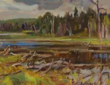 Driftwood Beside a Quiet Lake, Likely Opeongo Area by A. Y. Jackson, oil on board, sold Nov 2022