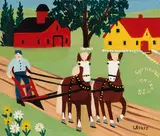 Two Horses Ploughing by Maud Lewis, mixed media on board, sold Nov 2022