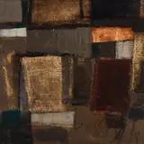 Abstract by John Richard Reppen, 1960, mixed media on board, sold Nov 2022