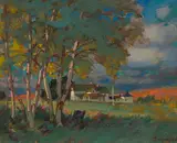 Untitled (Farmhouse with Trees in the Foreground) by Marc-Aurèle de Foy Suzor-Coté, oil on board, sold Nov 2022