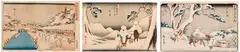 Three Views: Oi, Ishiyajushi and Akabane Bridge by Ando Hiroshige, woodblock print on paper, sold Oct 2022