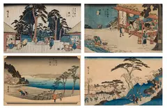 Four Woodblock Prints by Ando Hiroshige, woodblock print on paper, sold Oct 2022