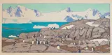 Gentoo Penguins by Tōshi Yoshida, 1977, shin hanga woodblock print, sold Oct 2022