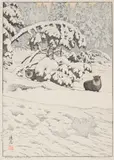 Japanese Antelopes in Snow by Tōshi Yoshida, shin hanga woodblock print, sold Oct 2022