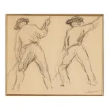 Two Boatmen by Maximillian Luce, Black chalk on paper, sold Mar 2025