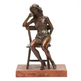 Morning Phone by George Gách, Bronze figural sculpture depicting a women seated on a bench taking a phone call, sold Mar 2025