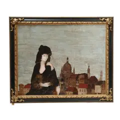 Important Early Painting of Woman in a Cityscape by Stephen White, Oil on panel, sold Mar 2025