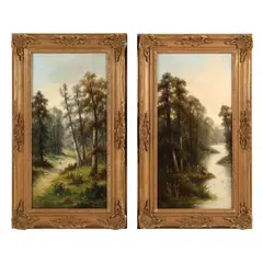 Two Antique Wooded Landscape Paintings by Ada Stone, Oil on canvas, sold Mar 2025