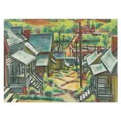 Industrial Neighborhood by Emil Holzhauer, Watercolor and gouache on paper, sold Mar 2025