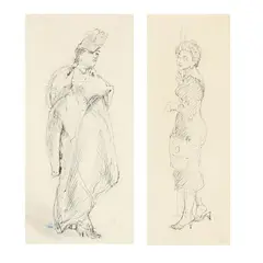Two Sketches - Woman with Coat and Woman without Coat by Isabel Bishop, Ink on paper, sold Mar 2025