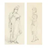 Two Sketches - Woman with Coat and Woman without Coat by Isabel Bishop, Ink on paper, sold Mar 2025