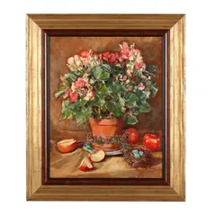 Begonia, Bird's Nest, and Apples by Della Roberts, Oil on canvas, sold Feb 2025