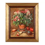 Begonia, Bird's Nest, and Apples by Della Roberts, Oil on canvas, sold Feb 2025