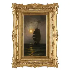 Ship under Moonlight by B.J. Harnett, Oil on panel, sold Feb 2025