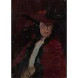 Dame in Rot mit Hut' und 'Akt vor dem Spiegel by Hans Meid, 1904, oil on panel, sold Nov 2022