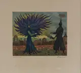 Ohne Titel (Baum), ca. 1970 by Arik Brauer, color etching, sold Dec 2021