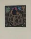 Ohne Titel (Figur mit Hut), ca. 1970 by Arik Brauer, color etching, sold Dec 2021