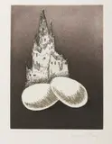 Electro-Magie, cathedral by Man Ray, 1969, color etching, sold Dec 2021