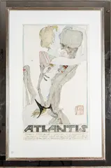 Ausstellungsplakat 'Atlantis' mit Darstellung 'Junge Frau beim Liebesspiel mit dem Tod by Horst Janssen, 1984, watercolor, sold Jul 2021