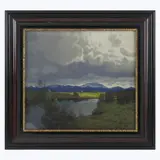 Ohne Titel (Flusslandschaft im Vorgebirge) by Albert Stagura, 1918, pastel, sold Jul 2021