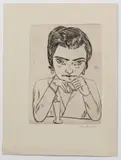 Bildnis Naila mit aufgestützten Armen und Glas by Max Beckmann, 1923, drypoint, sold Jun 2020