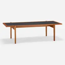 Coffee table, model JH-575 by Hans J. Wegner, c. 1950, teak, oak, Formica, brass, sold Jan 2023