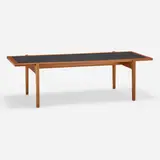 Coffee table, model JH-575 by Hans J. Wegner, c. 1950, teak, oak, Formica, brass, sold Jan 2023