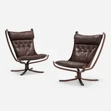 Falcon chairs, pair by Sigurd Resell, 1970, beech, leather, steel, upholstery, sold Jan 2023