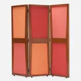 Folding screen from the Administrative Buildings, Chandigarh by Pierre Jeanneret, c. 1957, teak, linen, brass, sold Jan 2023