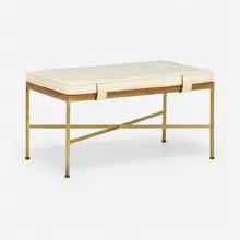 Directional bench, model 7709 by Paul McCobb, 1955, brass, leather, caning, mahogany, sold Jan 2023