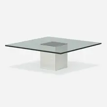 Coffee table by Minoru Yamasaki, 1972, chrome-plated metal, glass, sold Jan 2023