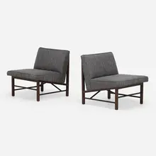 Slipper lounge chairs, pair by Edward Wormley, c. 1955, walnut, upholstery, sold Jan 2023