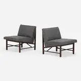 Slipper lounge chairs, pair by Edward Wormley, c. 1955, walnut, upholstery, sold Jan 2023