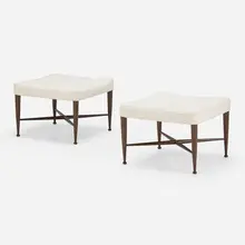 Stools model 5002, pair by Edward Wormley, 1950, walnut, bouclé upholstery, sold Jan 2023
