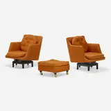 Revolving lounge chairs model 5609, pair and ottoman by Edward Wormley, 1956, mahogany, upholstery, brass, sold Jan 2023