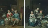 Gegenstücke: Interieur mit Apfelschälerin / Interieur mit trinkendem Paar by Jan Baptist Lambrechts, oil on panel, sold Dec 2025