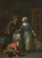 Paar mit Junge und Hund in der Küche by Justus Juncker, oil on panel, offered Dec 2025