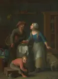 Paar mit Junge und Hund in der Küche by Justus Juncker, oil on panel, offered Dec 2025