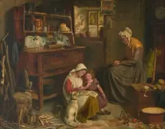 Grossmutter mit Enkeln in der Küche by George Bernard O'Neill, oil on canvas, sold Dec 2025
