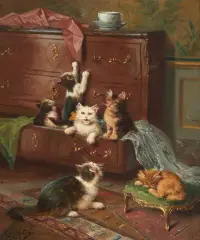 Installation provisoire, Katzenfamilie in der Stube by Léon Huber, oil on canvas, sold Dec 2025