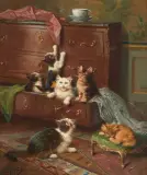 Installation provisoire, Katzenfamilie in der Stube by Léon Huber, oil on canvas, sold Dec 2025