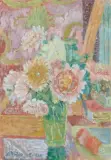 Blumenstillleben mit Büchern by Hanna Radzka-Cybisowa, 1936, gouache, sold Dec 2025